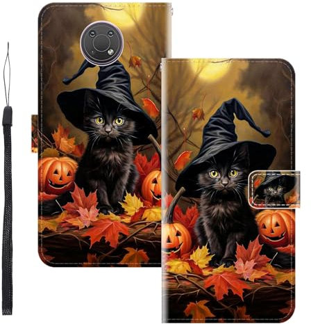 WUACYEAMING für Nokia G10 Hülle Premium PU Leder Flip Klappbare Stoßfeste Magnetische Schutzhülle Tasche mit Kartenfach Geld Slot Ständer Kürbis Katze