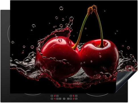 KitchenYeah© Protection Pour Plaque Induction Deco Cuisine Protégé Cache De | 70x52 cm - Cuisson Vitroceramique Cerises - Rouge - Fruit - Eau - Noir