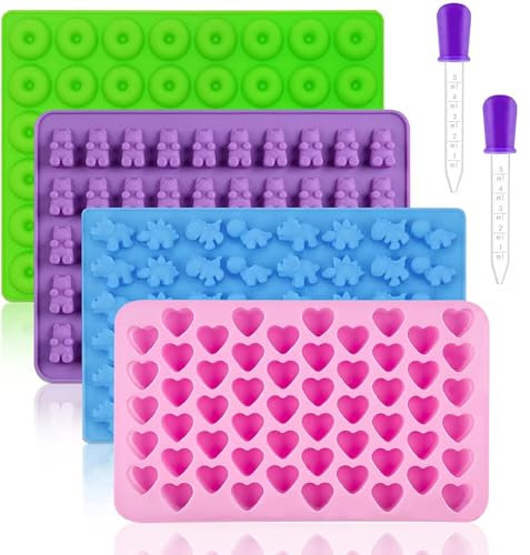 BREEZO Silicone Gummy Moulds, 4PCS Mini Bear Candy Moulds Dinosaur Jelly Molds Heart Shaped Chocolate Molds Donut Gummy Molds Ice Cube Trays, Non-Stick Reusable DIY Baking Molds with 2 Droppers