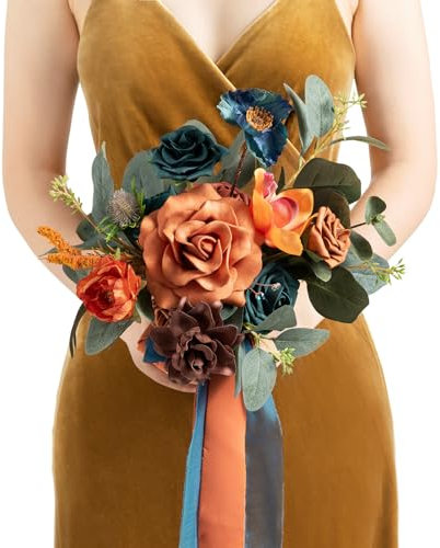 Ling's Moment Künstliche Blumen Teal Brautjungfer Blumenstrauß, Gebrannte Orange Hochzeit Blumen Blumensträuße für Brautjungfern, 7 Zoll Brautsträuße