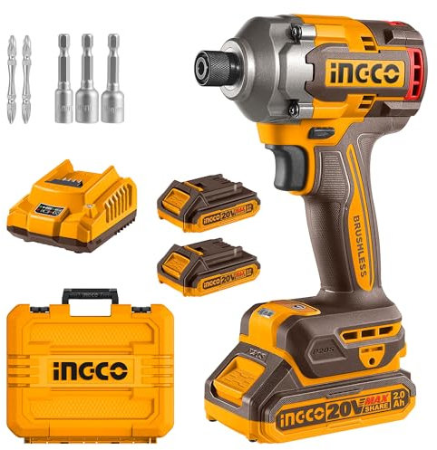 INGCO Visseuse à Chocs Sans Fil 20V, Moteur Sans Balais, 2600 tr/min, 285NM, 3 Vitesse Variable, Lumière de Travail LED avec 2 Batteries 2,0 Ah et 1 Chargeur CIRLI2028