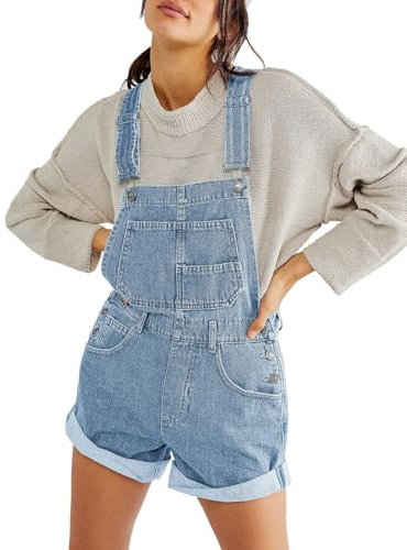 Sukany Women's Casual Denim Overall Shorts Loose Adjustable Straps Dungarees Bib Jeans Shortalls Rompers Pants Light Blue M