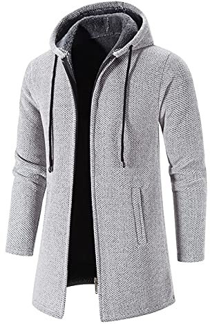 Trench Coat Men Long Winter Fleece Lined Jacket with Hood Oversized Hoodies Solid Color Windbreaker Warm Hooded Overcoat Hoody Longline Outdoor Windproof Outerwear with Pockets