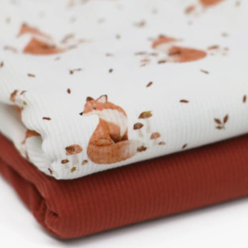 Ribstrick Jersey | Rippenjersey | Rip Jersey | schmale Rippen | mit Druck | für Bekleidung | Ökotex | 50x135 cm | Meterware (Herbstfuchs)