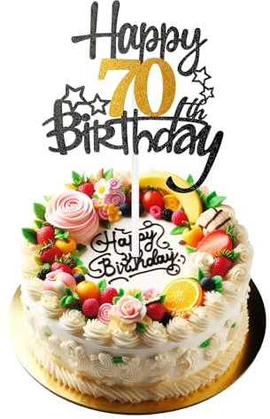 Happy 70th Birthday Cake Topper, Black Gold Glitter 40th Birthday Cake Topper, 70th Birthday Cake Pick Cake Decoration for Happy 70th Birthday Anniversary Party Supplies