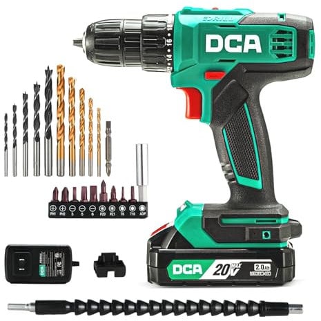 DCA Taladro atornillador inalámbrico, par de 40 Nm, portabrocas automático de 10 mm, taladro eléctrico con batería de 2,0Ah y cargador, 18+1 posiciones, kit de taladro 20V de 25 piezas, ADJZ2035