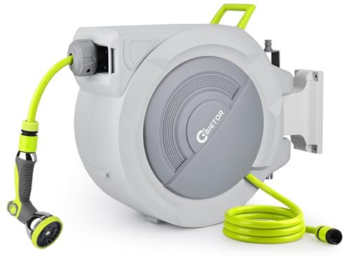 Bietor Wall-Mounted Garden Hose Reel with 20m Hose + 2m Extension, Automatic Retraction, Adjustable Length Lock, 180°-Swivel Bracket, 10 Spray Patterns for Garden, Lawn & Car Wash