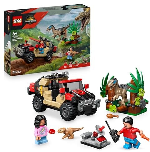 LEGO Jurassic World Fuga dal Raptor sul Fuoristrada - Include 2 figure di Dinosauro Giocattolo, una Macchina e 2 Minifigure - Regalo per Bambini e Bambine da 6 Anni Fan del Film La Rinascita - 76972