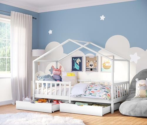 Bellabino Kinderbett Bia 90x200 cm, Hausbett Kinder mit Schubladen inkl. Matratze, Rausfallschutz und Rolllattenrost, Montessori Bett für Kinder weiß aus Massivholz Kiefer