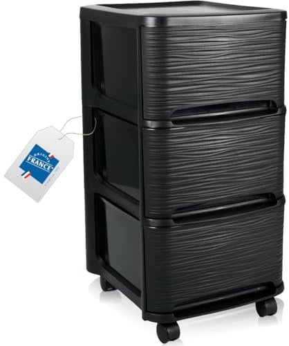 Schubladenschrank mit Rollen Rollcontainer mit 3 Schubladen Rollschrank Kunststoff Rollwagen (Schwarz)
