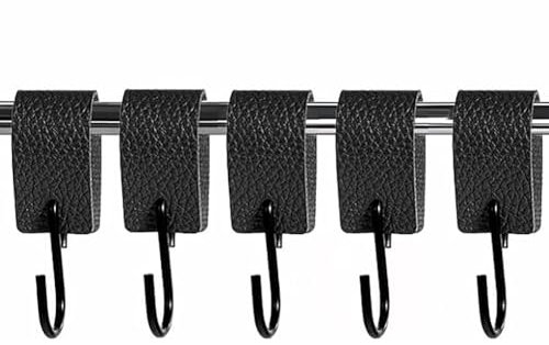 5 Stück S Haken Schwarz mit Lederschlaufe, Haken zum Einhängen S Haken Haken Garderobenhaken, Kleiderhaken Metallhaken Mehrzweckhaken Kleiderhaken S Haken für Schlafzimmer Kleiderschränke Küchen