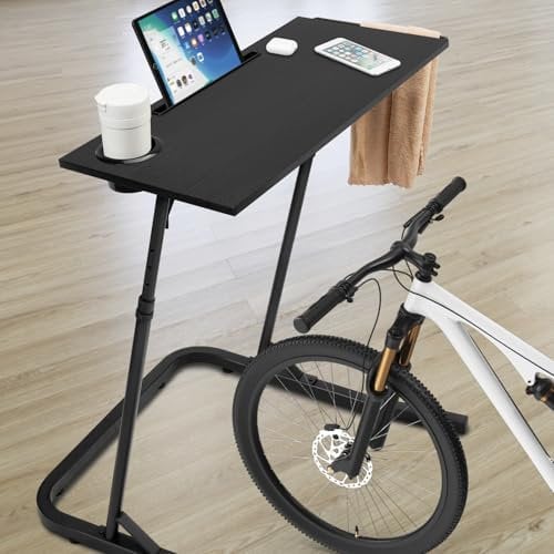 ikkle Adjustable Bike Trainer Desk - Height Adjustable Workstation for Indoor Cycling, Treadmill & Home Office, Fitness Cycle Desk Stand Table for Laptop, Cup, Tablet, Books & Accessories, Black