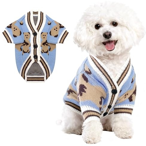 Hundepullover Kleine Hunde Gestrickt Bärenmotiv Kuschelig, Blau XXS | Besonders sehr weicher Stoff für Chihuahua & Zwergdackel, Leicht anzuziehen. Ideal für Herbst, Weihnachten und Geburtstag