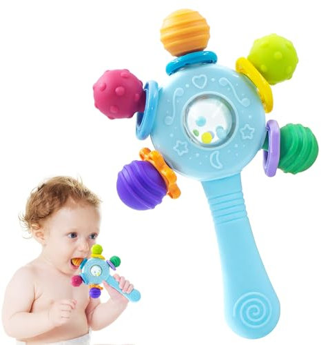 Beißspielzeug Baby ab 3 Monate, Baby Rassel Spielzeug, sensorische Beißring-Spielzeuge, Montessori-Frühbildungs Motorikspielzeug, Babyspielzeug für Babys von 3-6 Monaten (Blau)