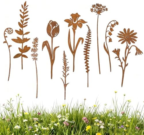 SPERMUOY Gartenstecker Rost Blumen Gartendeko für Draußen,10er Metall Blumenstecker Rostdeko Roststecker Garten Pflanzenstecker Metallstecker Rost Deko für Rasen Hof Balkon Blumentopf