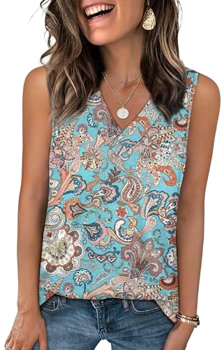 WIHOLL Vests for Women Summer Tops Ladies V Neck Sleeveless Tank Top Basic Casual Loose Fit Size 14-16 A Floral07
