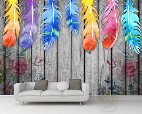 Tzxztt Retro Holzmaserung Bunt Federn Blumen Moderne 3D Tapete Hochwertige Strukturierte Seide Neutrale Material Ideal Für Wohnzimmer Schlafzimmer-150cm×105cm