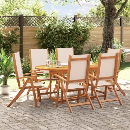 Ziaphsol 7-TLG. Garten-Essgruppe Massivholz Akazie, Textilene Creme, ausziehbarer Gartentisch, 6 verstellbare Stühle, für Terrasse, Balkon, Outdoor-Mahlzeiten