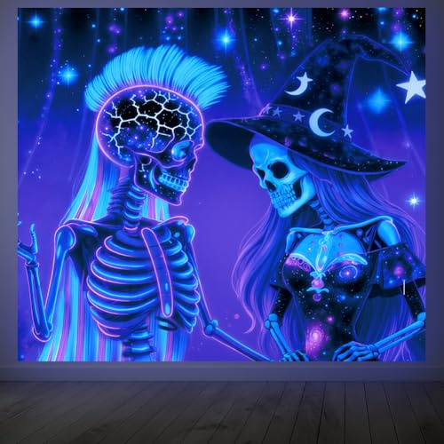 CRAFTYMELODY Skelett Wandteppich Mit Schwarzlicht Gotischer Leuchtteppich UV Reaktiv Neon Skelettpaar Wandbehang 59×51 Zoll