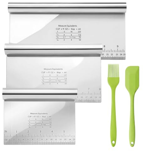 3 Pcs Dough Scraper Set 15/20/25 cm, Stainless Steel Bench Scraper | Dough Cutter with Inch/CM Scale, Baking Pastry Scraper, Silicone Spatula and Oil Brush, For Bread, Pizza & Kitchen Prep