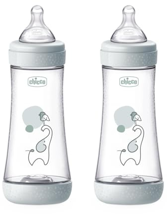 Chicco PERFECT 5 2 Biberón anticólicos de 300 ml, Doble biberón de flujo rápido para mayores de 4 meses con tetina de silicona suave,biberón similar al pecho materno,biberón para lactancia mixta, gris