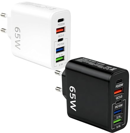 Pack 2 Cargador USB C 65W Carga Rapida 5 Puertos 2 PD 25W/15W 3 USBA QC 3.0