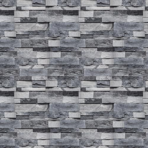 Fiula Realistic 3D Dark Grey Stacked Stone Wallpaper 44cm x 3m Peel and Stick – Deep Texture Stone Brick Effect Self Adhesive Wall Paper, Removable, Waterproof for Feature Wall Living Room Bedroom