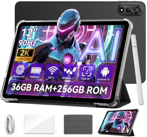 Blackview Mega2WiFi 12 Zoll Tablet Android, 36GB RAM+256GB ROM, 9000mAh | Füe Arbeit & Studium: Tablet mit Hülle und Stift, KI-Chat, Zusammenfassung, OCR. 12 2K 90Hz, TÜV, 615g, Face ID, GMS, Grau