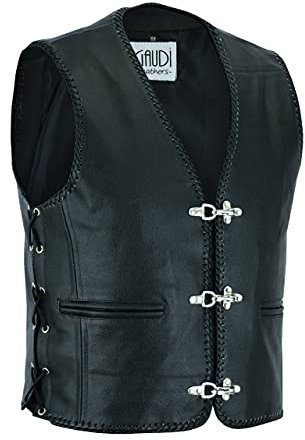 Gaudi-Leathers Lederweste, Chopper Biker Motorrad Weste Karabiner Haken und seitliche Schnürung Gr. S