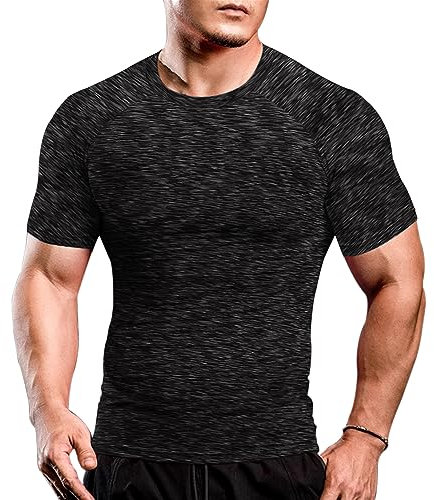 Muscle Alive Men Skinny Tight Compression Base Layer Short Sleeve T Shirt Bodybuilding Tops Polyester and Spandex Black with Grey M