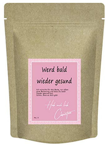 Werd bald wieder gesund Teegeschenk für gute Besserung oder als Gesundheit Tee Geschenk für den besonderen Menschen, dem Du Gutes wünscht - von Christea - 70 g Kräutertee im Zip-Beutel