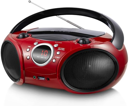 SINGING WOOD 030B Tragbarer CD-Player Boombox mit Bluetooth für AM-FM-Stereoradio zu Hause, AUX-Eingang, Kopfhöreranschluss, unterstützt Netz- oder Batteriebetrieb (Feuernebel Rot)