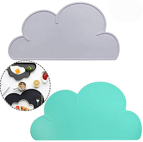 Kinder Platzset Wolke, BETOY 2 Stück Kinder Tischset Platzdeckchen Wolke Form Abwaschbar Rutschfeste Silikon Tragbar Essen Dekoration für Babys Kleinkinder Grau, Grün
