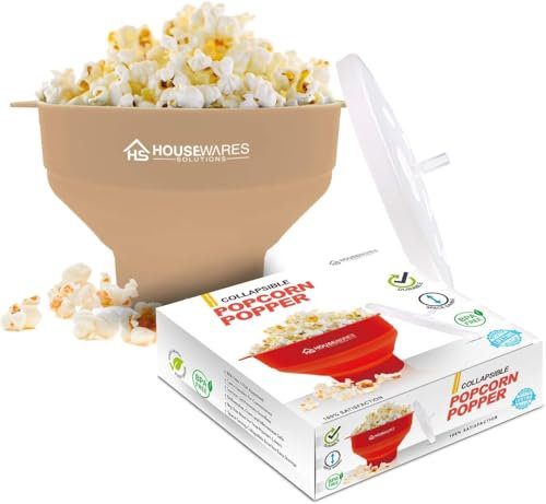 Collapsible Silicone Microwave Hot Air Popcorn Popper Bowl with Lid and Handles (Tan)