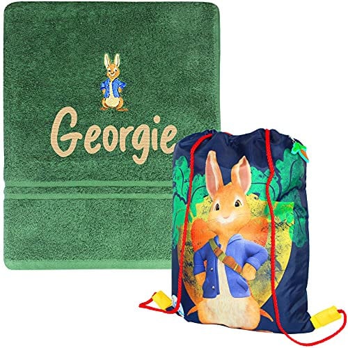 TeddyTs Personalised Peter Rabbit School Drawstring Bag and Swimming Towel Set
