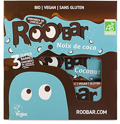 Roo'bar Barres Vegan sans Gluten Noix de Coco Enrobées Chocolat Noir - Lot de 3 - encas sportif - snack sain - 100% naturel