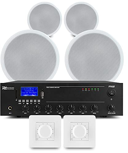 Power Dynamics Multi Zone Ceiling Speaker System Kit - Bluetooth Enabled Amplifier, 4x 6.5 Inch Speakers, 2-Zone Independent Wall Volume Controls, Commercial Background Music Solution CSPB6