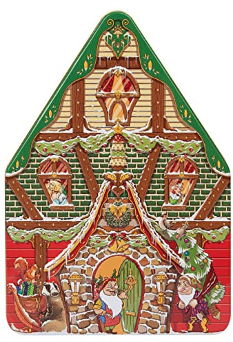 POWERHAUS24 Blechdose winterliche Zwergenhütte, Geschenk, Aufbewahrung, Deko, Spielzeug, lebensmittelecht, ca. 22,5 cm x 15,5 cm, 2 Rezepte inklusive