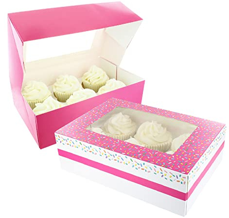 Baked with Love 6/12 Cupcake Box, Twin Pack, Pink Sprinkles Windowed Cupcake Boxes to Carry Tasty Treats, Includes Dual Insert for 6 Standard Cupcakes or 12 Mini Cupcakes, Pack of 2