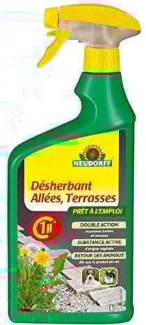 Neudorff Désherbant Allées Terrasses prêt à l'emploi, Pulvérisateur 1 l – Élimination des mauvaise herbes, Désherbant pulvérisateur, Désherbant total pour cours, trottoirs et terrasses