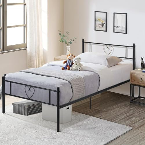 FetiNes Metallbett Einzelbett 90x200 cm Gästebett Bettrahmen mit Herzförmiges Kopfteil, Bettgestell aus Metall für Schlafzimmer, Schwarz