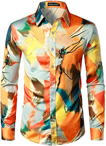 PARKLEES Chemise en satin à manches longues boutonnée pour homme Hipster en soie imprimée ajustée, Zlcl36-104-jaune, S