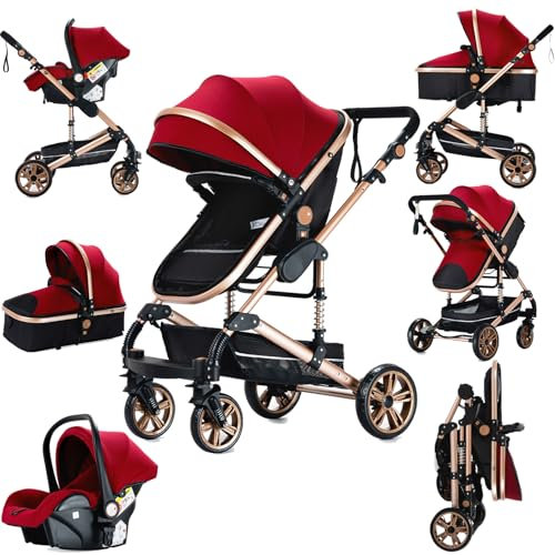 Prokoke Passeggino Trio, Trio Passeggino Neonati con Due Modi Reversibili per Spingere, Passeggino 3 in 1 con Una Lega di Alluminio a Cornice, Trio con Design Pieghevole in Un Clic (739 Red)