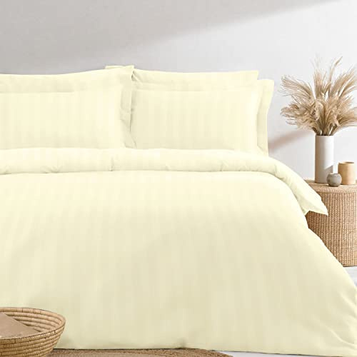 Pizuna 100% Cotton Cream Duvet Cover Set Super King Size 300TC Stripes | Satin Stripe, 300 Thread Count, Damask Bedding Long Staple Cotton Sateen 260 x 220 cm Quilt Cover with Button Closure