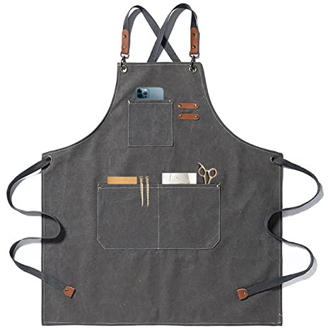 BBQ Grucciali per uomini, grembiule da lavoro pratico, grembiule da lavoro con tasche con cinturini regolabili per parrucchiere, cucina, giardiniere, caffetteria