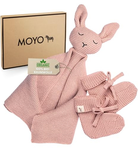 MOYO Baby Geschenk Set in Rosé I 2-teiliges Geschenkset mit gestricktem Schnuffeltuch-Hase & Schühchen I Geschenk zur Geburt für Junge & Mädchen I Babygeschenke für Neugeborene