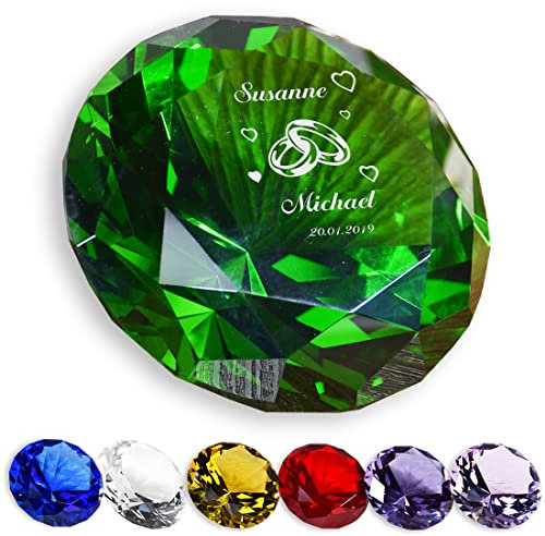 polar-effekt Presse-papiers en verre diamant vert avec gravure comme cadeau de mariage - Personnalisé avec nom - Idée cadeau pour les couples - Convient pour un anniversaire et la Saint-Valentin
