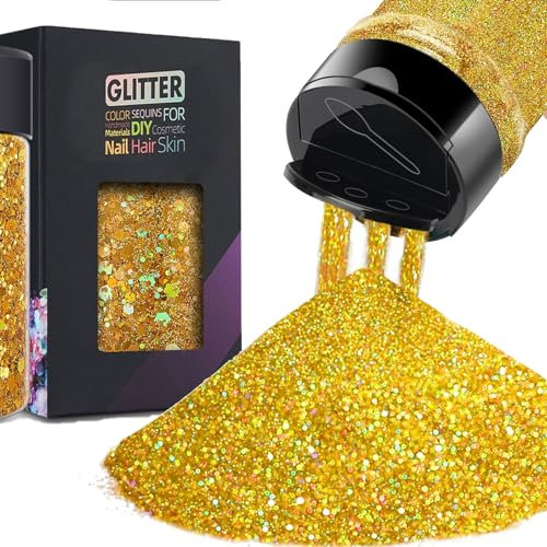 Gold Glitter Ultra Fine Glitter Powder, Multi Purpose Resin Glitter, Fluorescence Nail Shine Powder - Flakes Crafts Cosmetic Paint Festival Accessories Makeup DIY Party Decorations