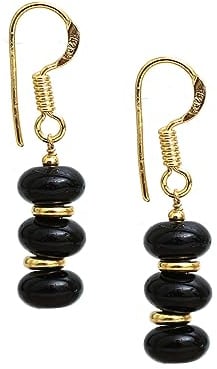 Gempires Boucles d'oreilles Bolo en quartz noir naturel, boucles d'oreilles pendantes en perles, boucles d'oreilles à crochet plaquées or 14 carats, bijoux faits à la main pour femmes (Quartz noir)