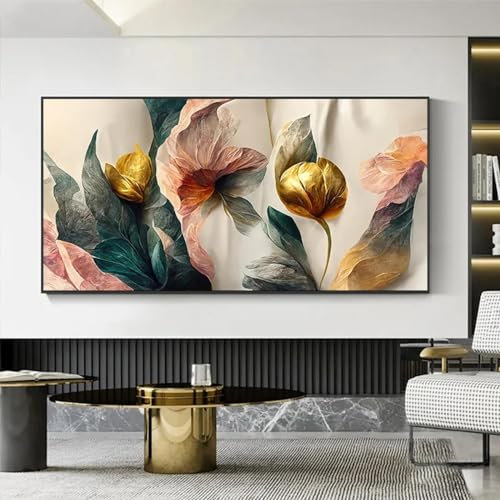 Zhadongli Art Dipinti di fiori vintage oro verde rosa quadri su tela poster e stampe quadri murali moderni per la decorazione del soggiorno 70x140 cm (28x55 pollici) con cornice